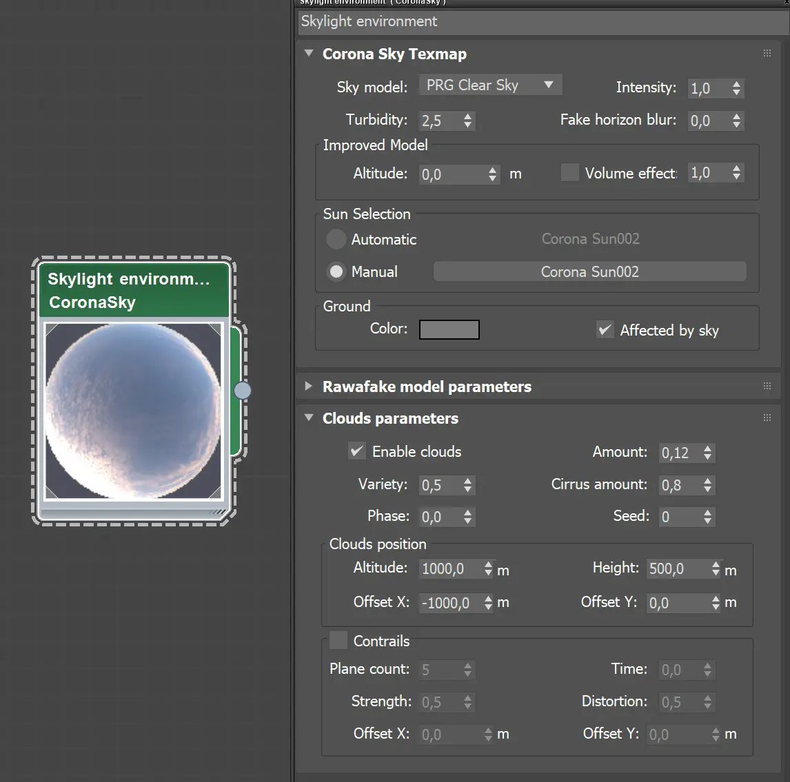 Corona Render sun and sky setting